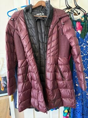 Bernardo Long Quilted Hooded Puffer in Burgundy